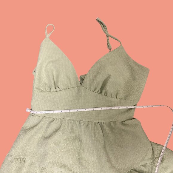 SHEIN Sage Green Tiered Mini Dress w/ Open Back Tie (Size L / 8-10) - Picture 6 of 7